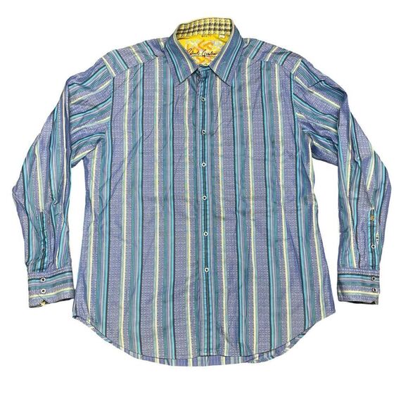 Robert Graham Button Shirt Mens Large Navy Striped Tailored Fit Hi Vis Flip cuff - Picture 1 of 10